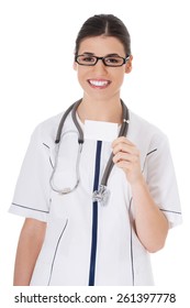 Female Doctor Holding White Card.