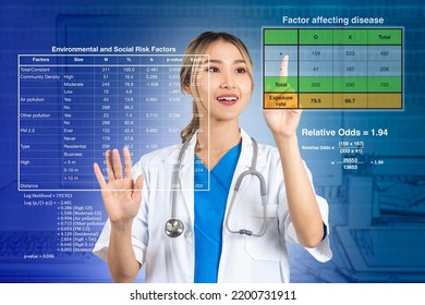Female doctor looking at results of an analysis of disease risk factors and medical statistics. Photo of researcher with table of data analysis results and various medical statistics. - Powered by Shutterstock