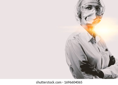 Female Doctor In Medical Mask On The Face And Gloves On A White Background