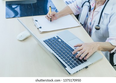 Female Doctor Medical Professionals Use Computer,research And Analyze Disease Analysis, Record Patient Information, Concept Using Technology For Medical Benefits And Data Collection  