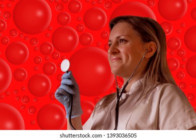 Female Doctor Or Nurse Holds Stethoscope In Hand And Listen Patient. Woman Wears Uniform And Blue Gloves. Half Turn Position. Girl Does Not Look At Camera On Red Blood Bubble Molecules Background