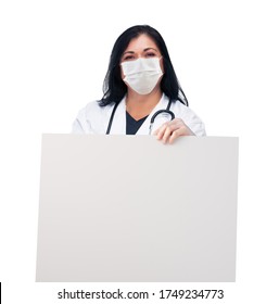 Female Doctor Or Nurse Wearing Protective Face Mask Holding Blank Sign Isolated On White Background.