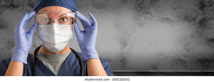 Female Doctor or Nurse Wearing Scrubs and Protective Mask and Goggles Banner.