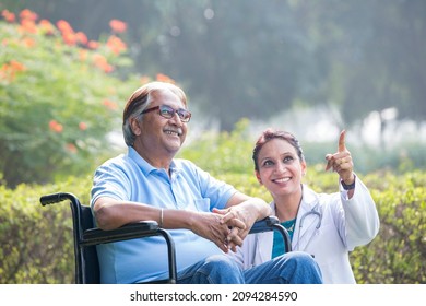 Female Doctor With Old Man In Wheelchair Admiring View At Park
