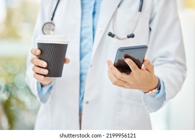 Female Doctor, Phone And Coffee Break With Medical Healthcare Worker Reading Message, Social Media Notification And Online News. Closeup Hands Of Gp Using A Mobile App With 5g Wifi Network Connection