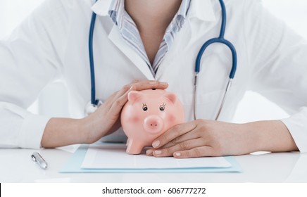 Female doctor and piggy bank: health insurance, medical expenses and tax concept