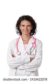 Female Doctor With Pink Stethoscope And Lab Coat Over A White Background.