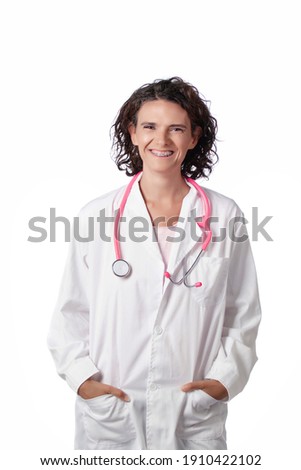 Female doctor with pink stethoscope and lab coat over a white background.