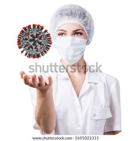 Female doctor presents viral cell coronavirus. Isolated on white background.