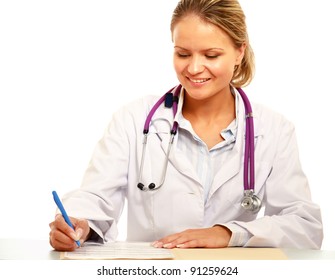 A Female Doctor Sitting On The Desk,isolated On White Background