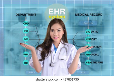 Female Doctor Stand In Front Of Blue Background Of EHR System Or Electronic Health Record Screen.