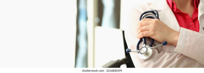 Female Doctor Stand Holding Stethoscope Equipment In Hand, Schedule Medical Appointment