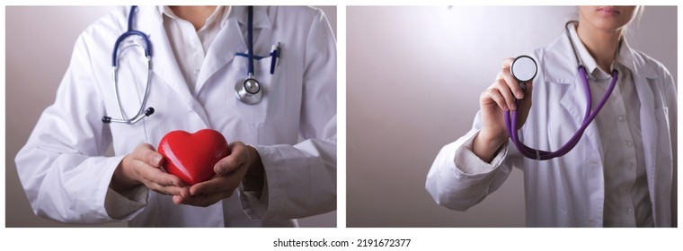 Female Doctor With Stethoscope Holding Heart,on Dark Background