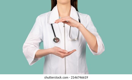Female doctor with a stethoscope is holding something in the hands. Help and care concept - Shutterstock ID 2146746619