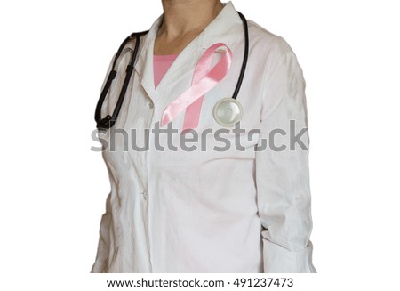 Female doctor with stethoscope and pink ribbon, isolated Health care, medical breast cancer awareness concept.