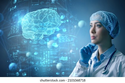 Female doctor surgeon analysing brain test results on holographic interface with 3d illustration elements. Innovative technology in medical science.  - Powered by Shutterstock