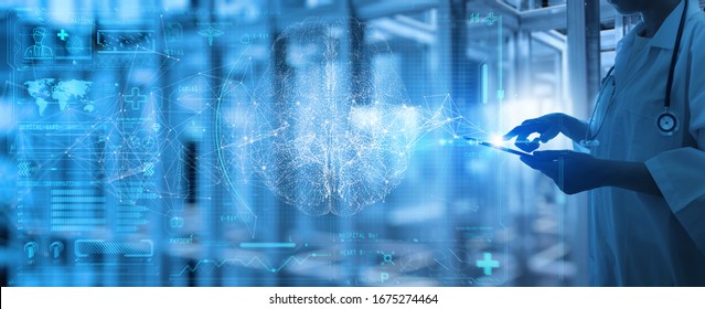 Female Doctor surgeon analyzing patient brain with human anatomy on technological digital tablet futuristic Ui and digital holographic innovative with science and medicine concept. - Powered by Shutterstock