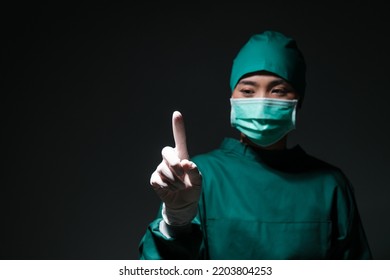 Female Doctor Surgeon Finger Interaction Mockup Gesture Wearing Scrub Overall Suit For Medical Surgery Clothing, Operation Uniform Ready To Operate On Ill Patient In Operating Room, Healthcare Medical