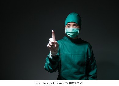 Female Doctor Surgeon Finger Interaction Mockup Gesture Wearing Scrub Overall Suit For Medical Surgery Clothing, Operation Uniform Ready To Operate On Ill Patient In Operating Room, Healthcare Medical