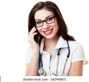 Female Doctor Talking On The Cell Phone Isolated On White Background 