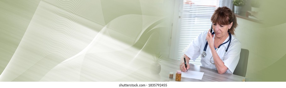 Female doctor talking on mobile phone in clinical office; panoramic banner - Powered by Shutterstock