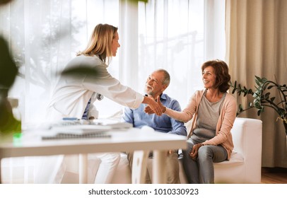Female doctor talking to a senior couple.