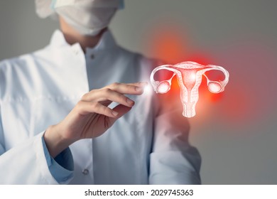 Female doctor touches virtual Uterus in hand. Blurred photo, handrawn human organ, highlighted red as symbol of disease. Healthcare hospital service concept stock photo