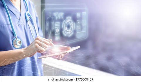 Female Doctor Touching A Tablet Displaying The Patient's Data Hologram, Concept Of Electronic Medical Information And Futuristic Technology In Health Care