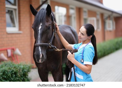 Female doctor in uniform with horse in stable - Powered by Shutterstock