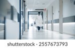 Female Doctor Walking Away in an Empty Hospital Hallway. General Practitioner Holding a Tablet Computer while Going to Intensive Care Unit or General Medicine Ward for Daily Patient Visit