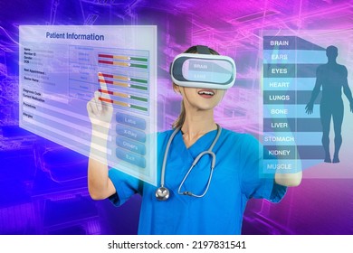 Female Doctor Wearing 3D Virtual Reality Glasses Examining Patient Data From Virtual Reality System.