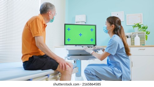 Female Doctor Wearing Face Mask Explain Disease And Medicare To Elder Senior Man Patient With Computer In Green Screen