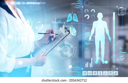 Female doctor wearing white blouse is taking notes on clipboard. Digital interface with icons of lungs, heart, human body, bacteria, pills in foreground. Concept of heath care and diagnostics