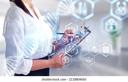 Female Doctor Wearing White Shirt Is Taking Notes On Clipboard. Digital Interface With Icons Of Dna, Syringe, Pills, Mask, Suitcase, Hospital In Foreground. Concept Of Heath Care And Diagnostics