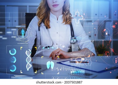 Female Doctor Wearing White Suit Is Working On Laptop. Digital Interface With Icons Of Dna, Lungs, Heart, Brain, Stomach, Bones, Bacteria, Pills In Foreground. Concept Of Heath Care And Diagnostics