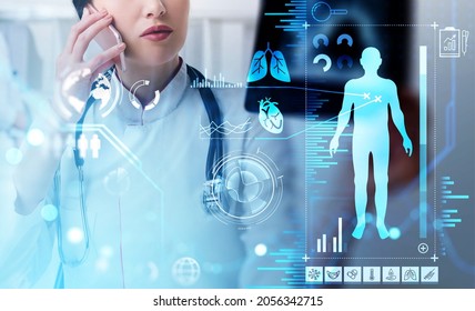 Female Doctor Wearing White Suit Is Talking On Smartphone. Digital Interface With Icons Of Dna, Lungs, Heart, Stomach, Bones, Bacteria, Pills In Foreground. Concept Of Heath Care And Diagnostics