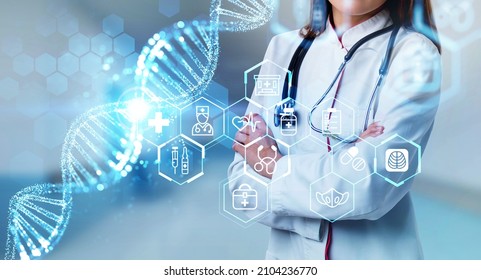 Female Doctor Wearing White Suit Is Standing In Cross Arm Pose. Digital Interface With Icons Of Dna, Syringe, Pills, Mask, Suitcase, Hospital In Foreground. Concept Of Heath Care And Diagnostics