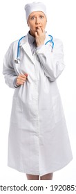 female doctor in a white coat and hat. the doctor bites his fingers and looks at us in a persuasive, frightened way. isolated, white background
