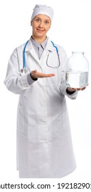 female doctor in a white coat and hat. a medic holds a jug of water and points his finger at it. healthcare. doctor's recommendations. white background, isolated