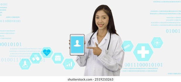 Female doctor in a white lab coat pointing at tablet computer with user login page display on screen. Concept and idea for healthcare technology, innovation medicine, science and research. - Powered by Shutterstock - Get 15% off with code: PIKWIZARD15
