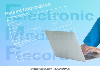 Female Doctor Working On Notebook Computer With Blank Form Of Electronic Medical Record On Background.