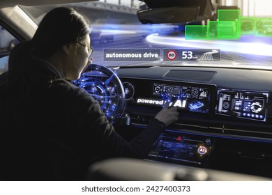 Female driver performing autonomous driving while driving in a car (hologram composite) - Powered by Shutterstock