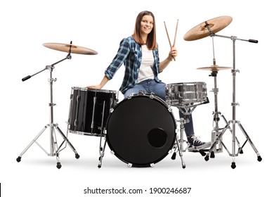 Female Drummer With A Drum Set Isolated On White Background