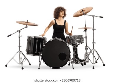 Female drummer performing isolated on white background - Powered by Shutterstock