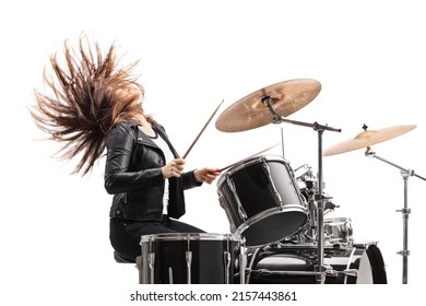 Female drummer playing drums isolated on white background