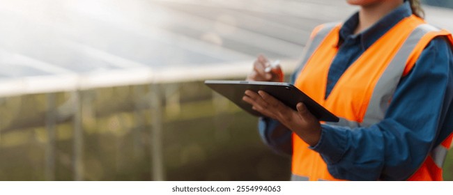 Female electrical engineer wearing hard hat using laptop checking solar panel farm equipment. Eco-friendly energy. Renewable clean energy technology concept.