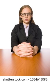 Female Employee Sitting At Long Table Isolated On White 