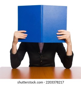 Female Employee Sitting At Long Table Isolated On White