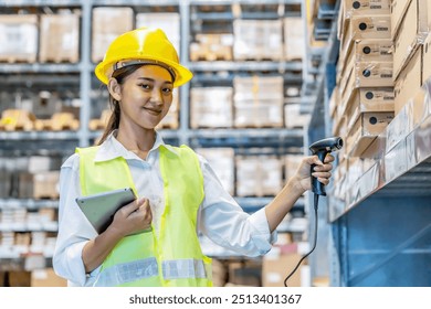 Female employee worker scanning products on shelves in warehouse, working with scanner for merchandise distribution. Young adult reviewing stock logistics before order shipment in depot. - Powered by Shutterstock