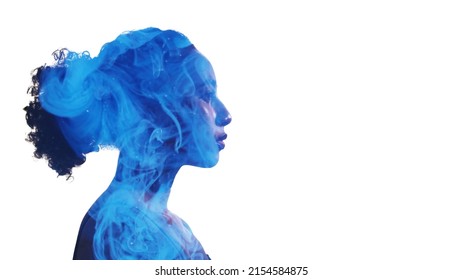 Female empowerment. Freedom energy. Spiritual strength. Double exposure profile silhouette of confident woman face with blue smoke cloud explosion isolated on white copy space. - Powered by Shutterstock